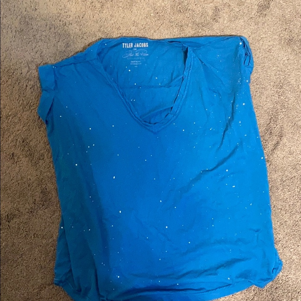 Blue tshirt, white splatter paint dots